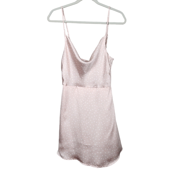 Lulu's Spot in my Heart Pink Polka Dot Satin Cowl Neck Mini Dress Women's Small - Picture 1 of 13